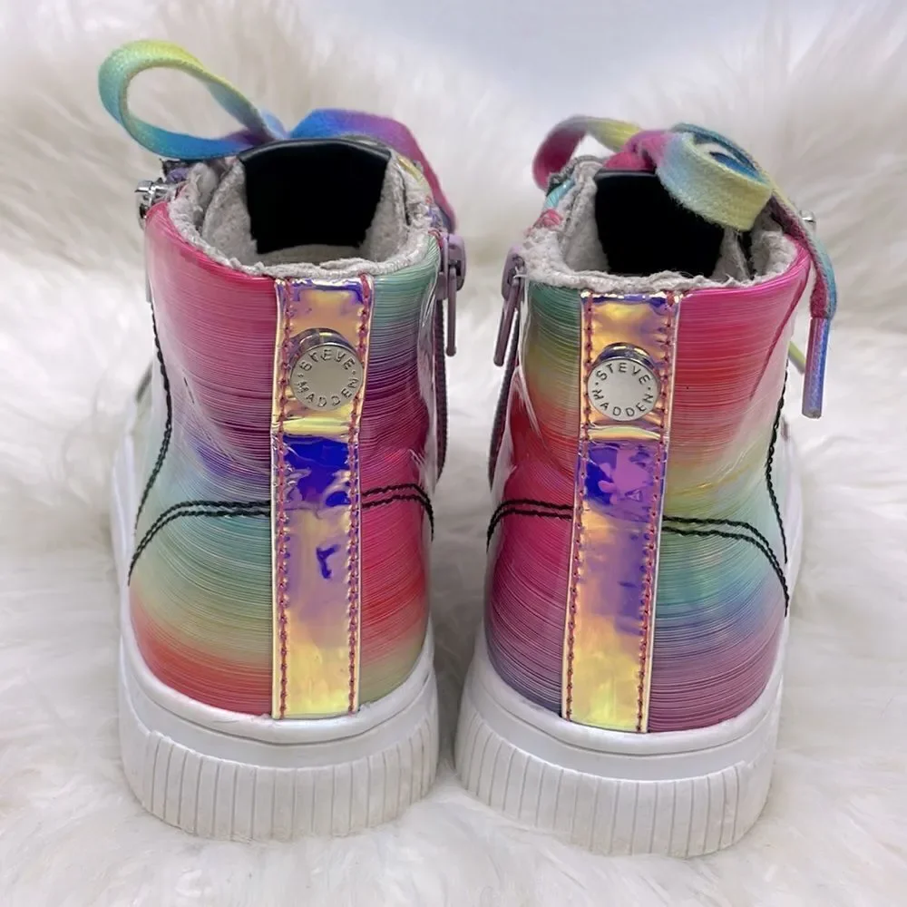 Steve Madden | Holographic high top sneakers 3.0 rainbow laces.